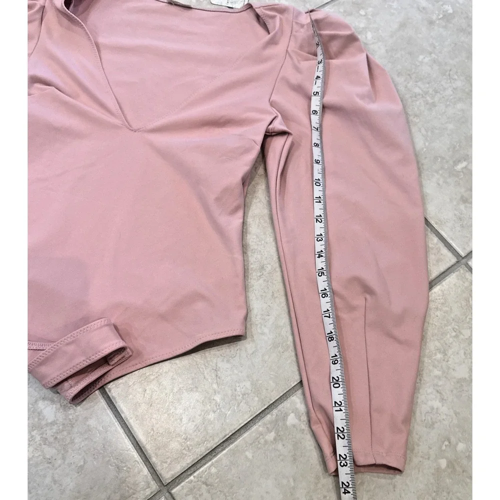 New Free People Intimately Pale Pink Bodysuit Puff Long Sleeve Deep V Size S NWT